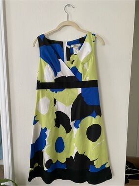 Sleeveless Floral A-Line Mini Dress in Lime Green, Blue & Black